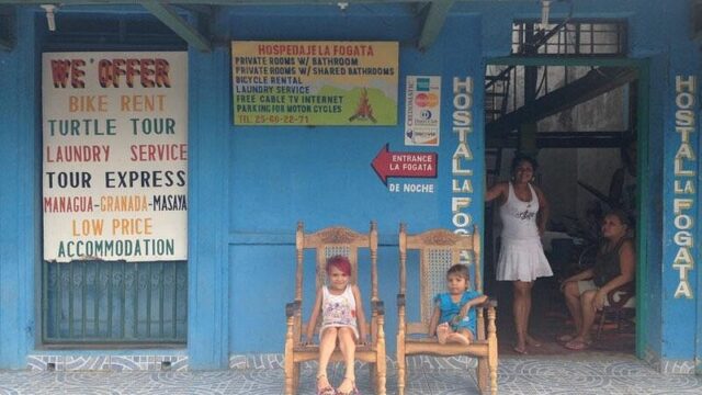 Exterior view of Hostal La Fogata near the municipal market in San Juan del Sur, Nicaragua