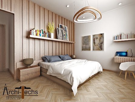 Photorealistic 3D visualization of a modern coastal villa interior rendered by Archi‑Techs Renderings in San Juan del Sur