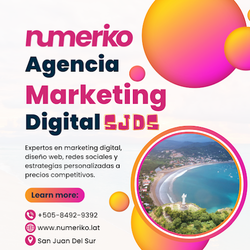 Digital marketing team at NUMERIKO Digital Marketing working together on laptops and social media strategies inside a creative office in San Juan del Sur