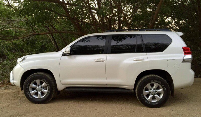 White Surf Bus shuttle van parked in San Juan del Sur with surfboards on roof rack