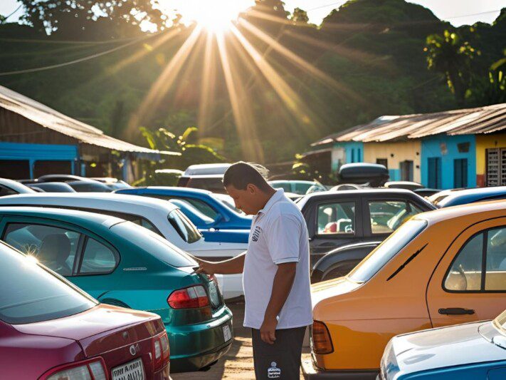 Comprar Autos Usados Nicaragüenses: autos usados en venta en Nicaragua con compradores inspeccionando vehículos