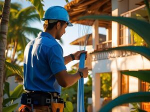 Proveedores de Internet de Nicaragua - Instalación de Internet de fibra óptica en una casa costera nicaragüense con plantas tropicales