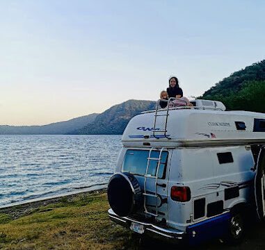 Chunky Charlie Dodge Ram camper van parked in a scenic Nicaraguan camping spot