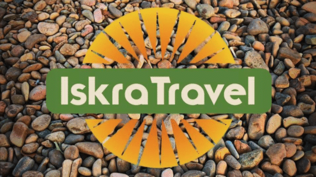 Iskra Travel Tours logo against an ornamental stone background