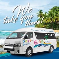 Caribe Shuttle van on road between Nicaragua and Costa Rica during sunrise