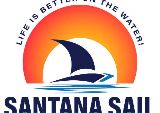 Santana Sail Logo with simple shapes forming a luxury yacht on the water with a red ring symbolising the sun