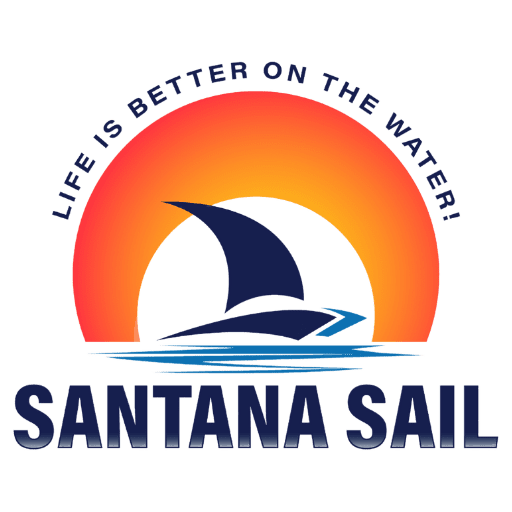 Santana Sail Logo with simple shapes forming a luxury yacht on the water with a red ring symbolising the sun