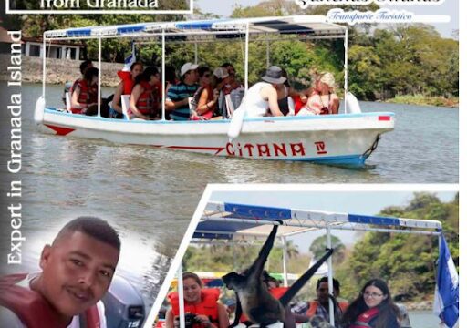 Lanchas Turísticas Gitanas motorboat cruising Lake Nicaragua near Granada with volcano backdrop