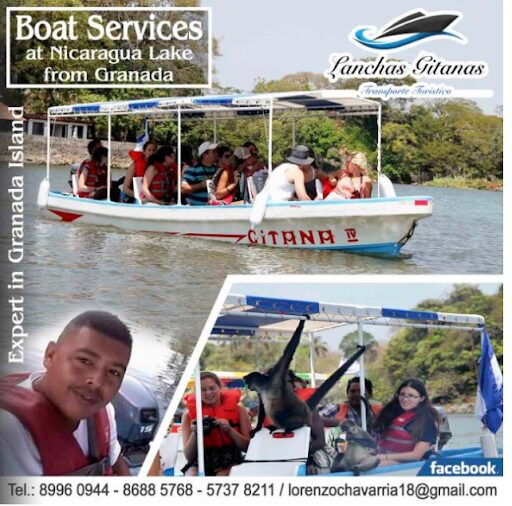 Lanchas Turísticas Gitanas motorboat cruising Lake Nicaragua near Granada with volcano backdrop